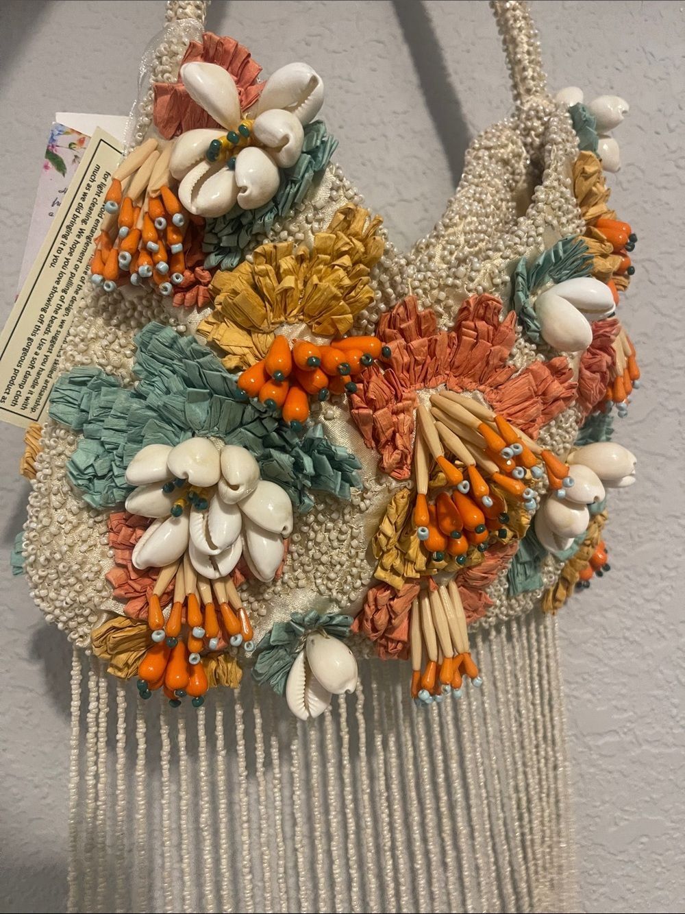 Viral Beaded Bag - Floral Fringe Satchel - Ivory with Orange & Teal Accents - Picture 7 of 12